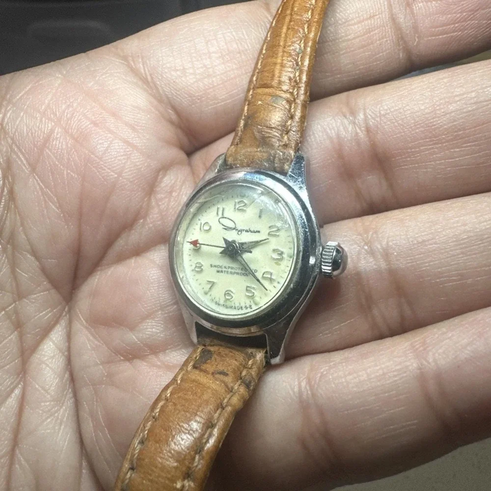 Working VTG Ingraham Manual Wind Ladies Wristwatch Swiss Made 24mm Brown Leather